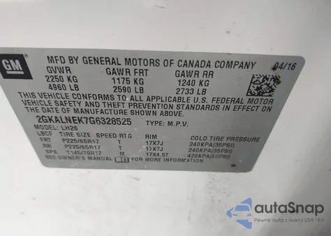 2016 GMC Terrain Sle-2 z USA, uszkodzony, nr VIN 2GKALNEK7G6328525